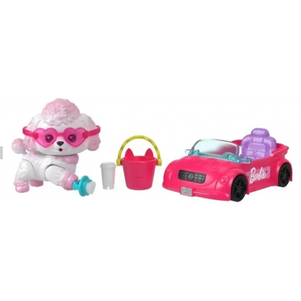 BARBIE FAMILY PETS POODLE BRANCO + CARRO ROSA