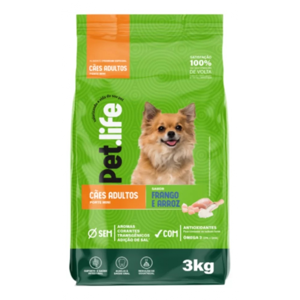 Ração Sem Transgenico Pet Life Frango E Arroz Cães Adultos Raças Peq 3kg