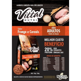 Raçao P/caes Vittal Nutri 25kg 20% Proteina Ajuda Na Pelagem