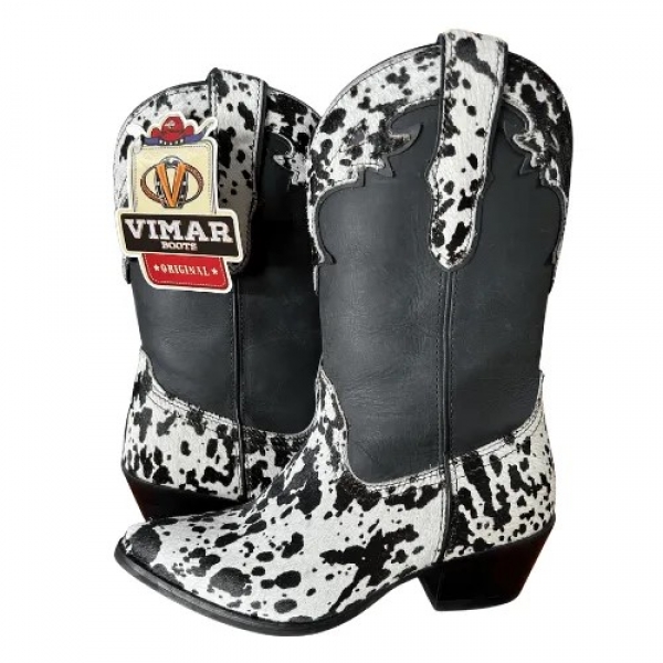 BOTA FEMININA VIMARBOOTS - 11318 - Bota feminina fabricada em Couro bovino pelo nas cores preto e branco
