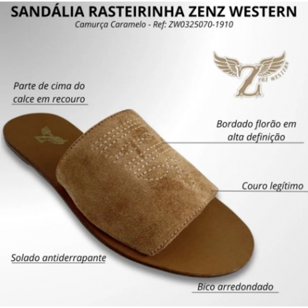 Rasteirinha Couro Legítimo Zenz Western Caramelo Bordado