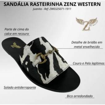 Rasteirinha Couro Legítimo Zenz Western Pelo Vaca Preto E Branco Com Bridão