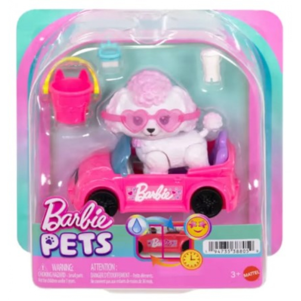 BARBIE FAMILY PETS POODLE BRANCO + CARRO ROSA