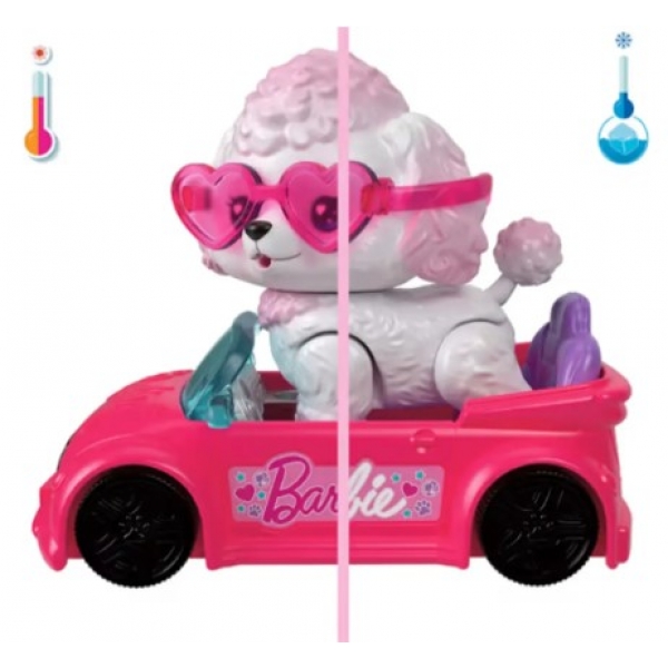 BARBIE FAMILY PETS POODLE BRANCO + CARRO ROSA