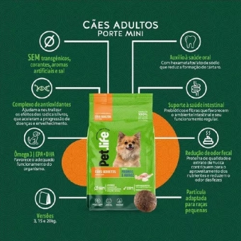 Ração Sem Transgenico Pet Life Frango E Arroz Cães Adultos Raças Peq 3kg
