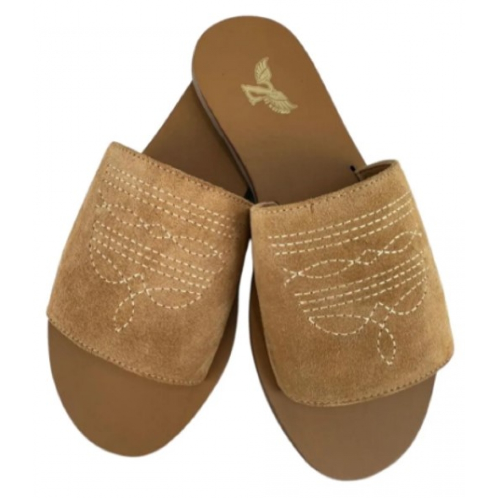 Rasteirinha Couro Legítimo Zenz Western Caramelo Bordado