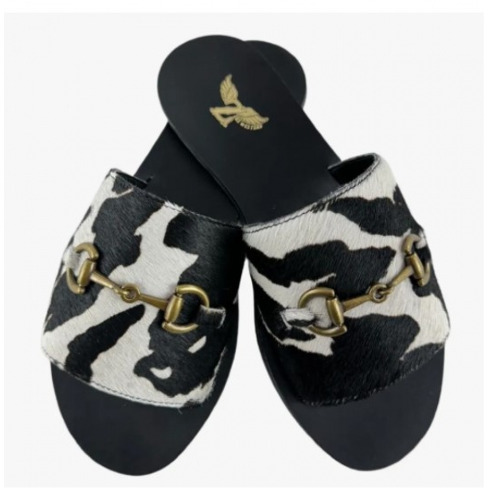 Rasteirinha Couro Legítimo Zenz Western Pelo Vaca Preto E Branco Com Bridão