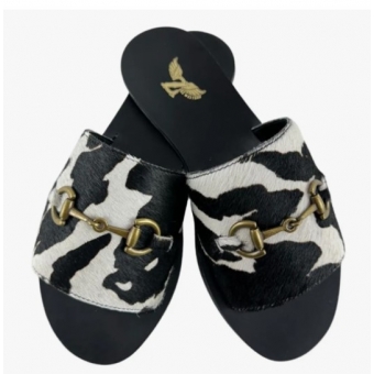 Rasteirinha Couro Legítimo Zenz Western Pelo Vaca Preto E Branco Com Bridão