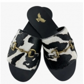 Rasteirinha Couro Legítimo Zenz Western Pelo Vaca Preto E Branco Com Bridão